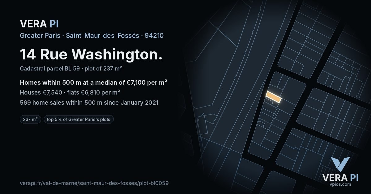 14 Rue Washington, Saint-Maur-des-Fossés at night – the plot lit, the parcels around coloured by the prices near them