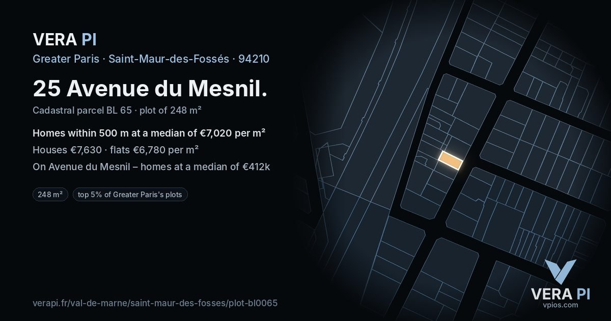 25 Avenue du Mesnil, Saint-Maur-des-Fossés at night – the plot lit, the parcels around coloured by the prices near them