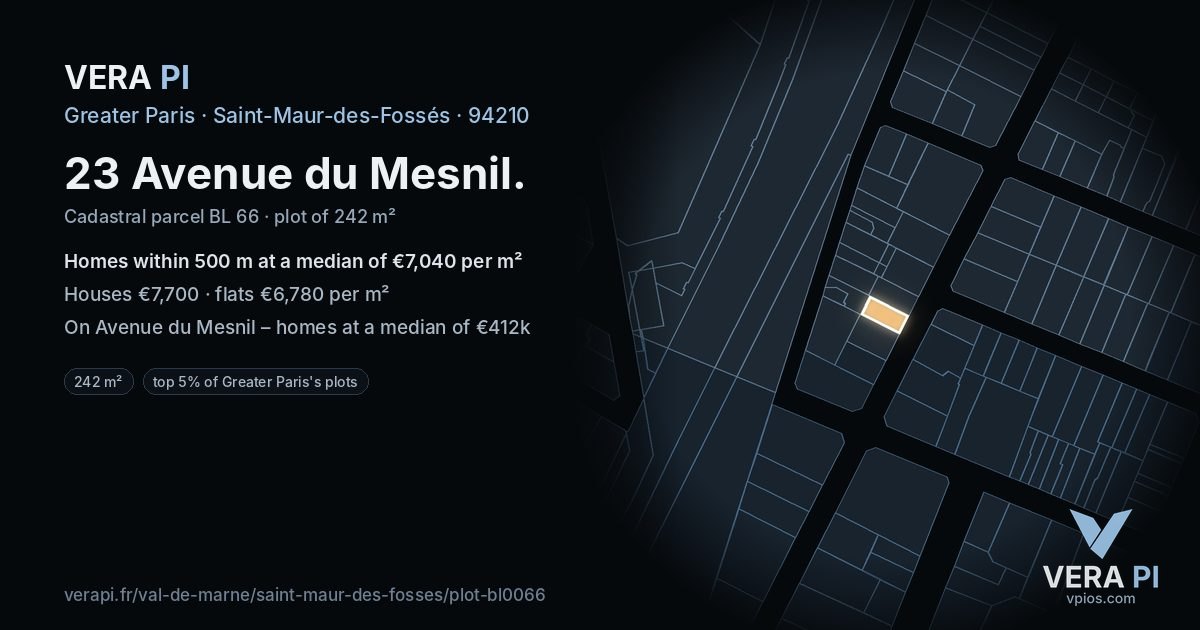 23 Avenue du Mesnil, Saint-Maur-des-Fossés at night – the plot lit, the parcels around coloured by the prices near them