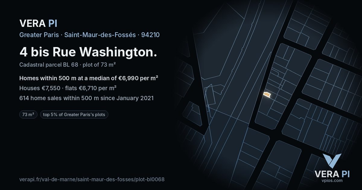 4 bis Rue Washington, Saint-Maur-des-Fossés at night – the plot lit, the parcels around coloured by the prices near them