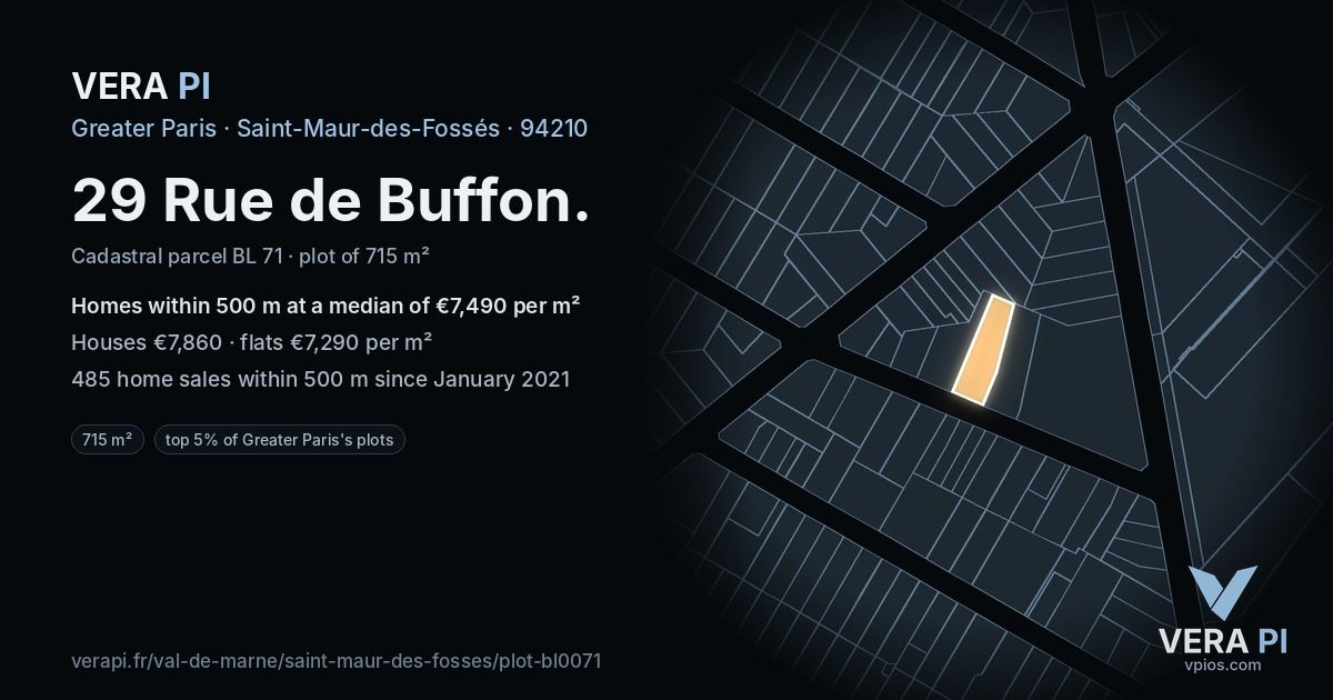 29 Rue de Buffon, Saint-Maur-des-Fossés at night – the plot lit, the parcels around coloured by the prices near them