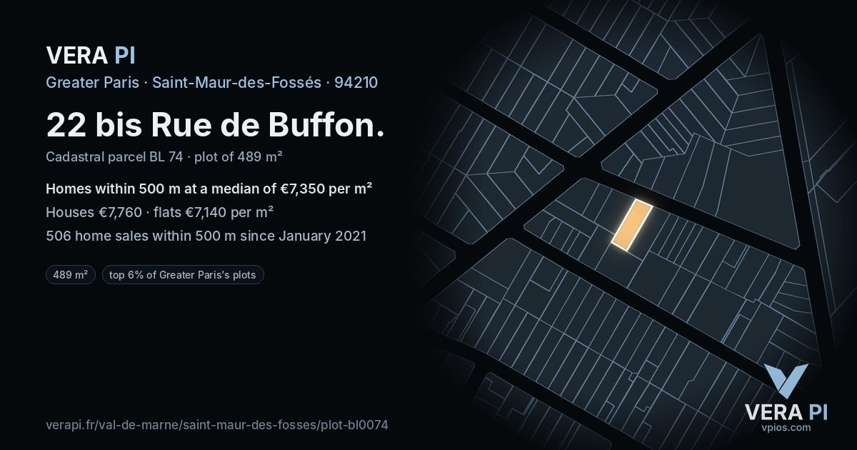 22 bis Rue de Buffon, Saint-Maur-des-Fossés at night – the plot lit, the parcels around coloured by the prices near them