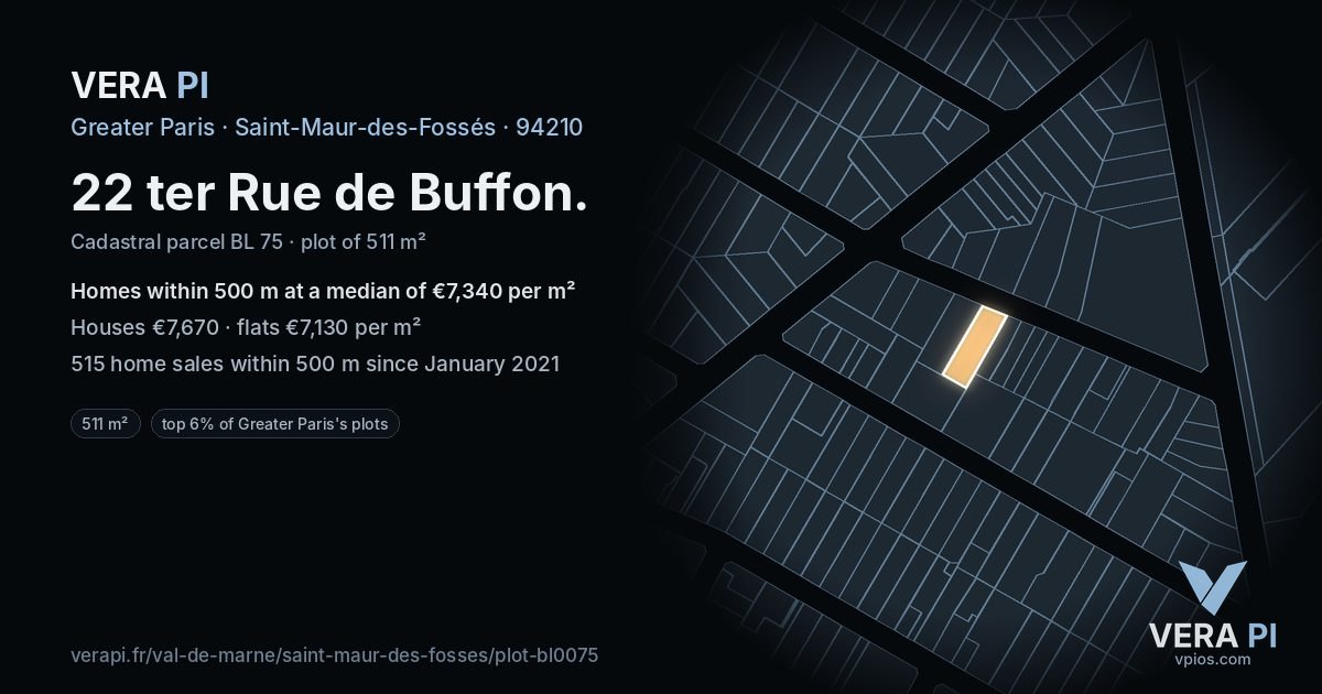 22 ter Rue de Buffon, Saint-Maur-des-Fossés at night – the plot lit, the parcels around coloured by the prices near them