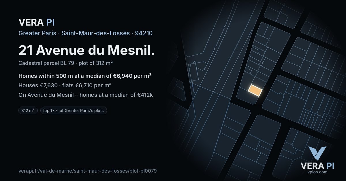 21 Avenue du Mesnil, Saint-Maur-des-Fossés at night – the plot lit, the parcels around coloured by the prices near them