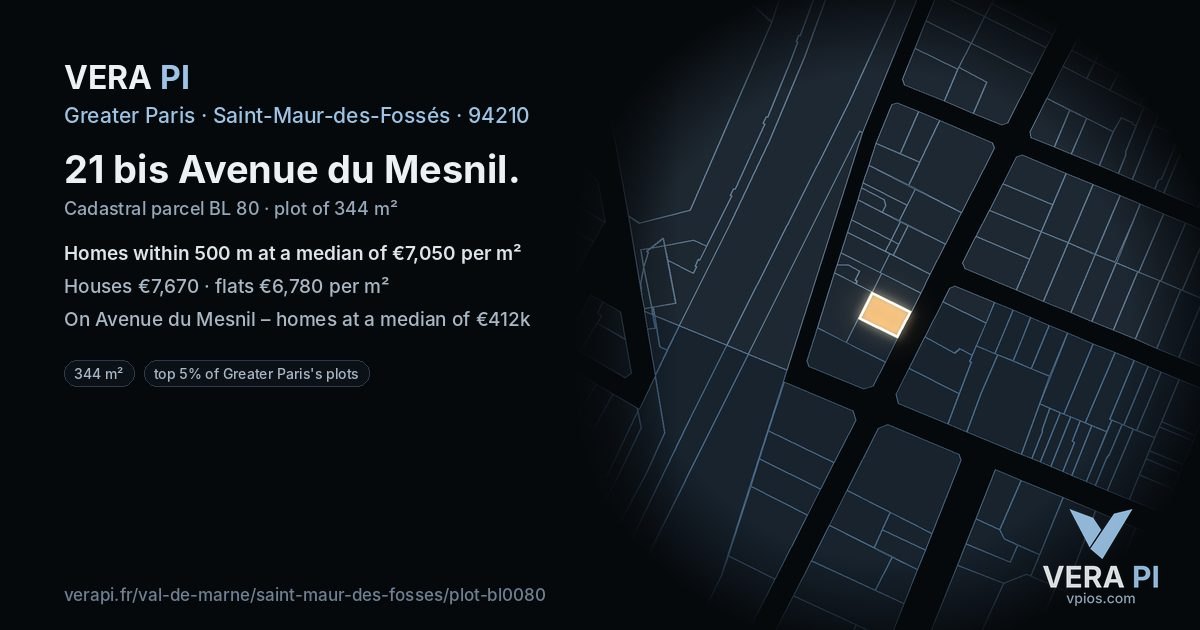 21 bis Avenue du Mesnil, Saint-Maur-des-Fossés at night – the plot lit, the parcels around coloured by the prices near them