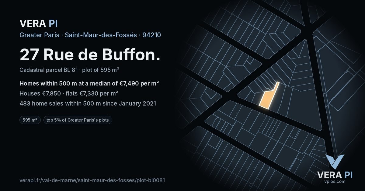 27 Rue de Buffon, Saint-Maur-des-Fossés at night – the plot lit, the parcels around coloured by the prices near them
