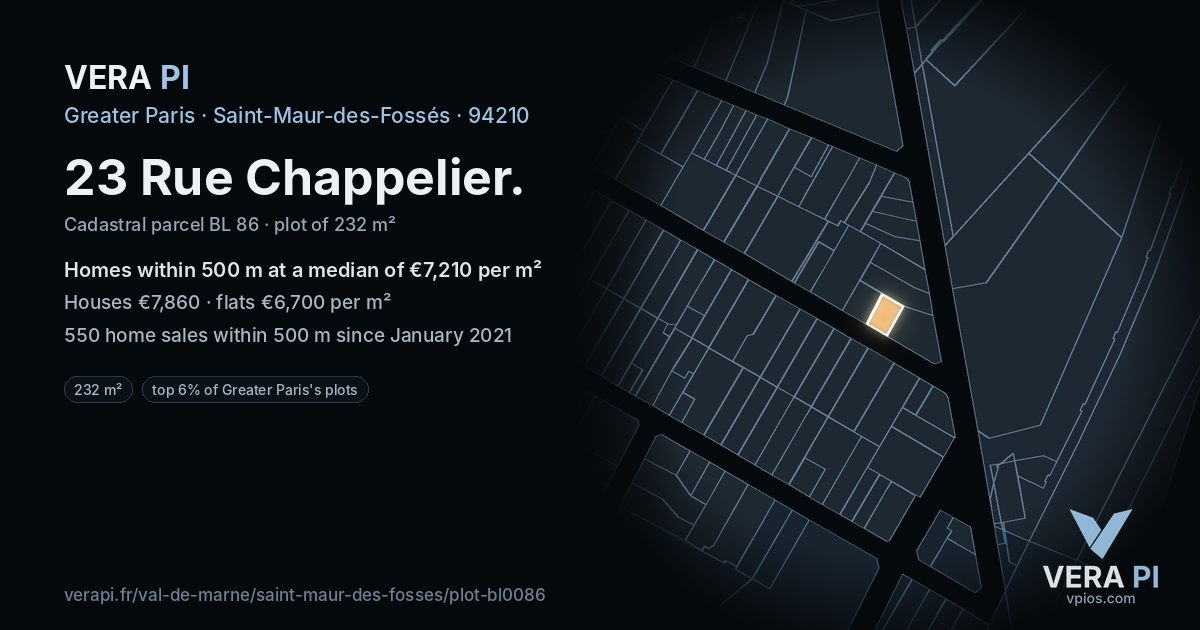 23 Rue Chappelier, Saint-Maur-des-Fossés at night – the plot lit, the parcels around coloured by the prices near them