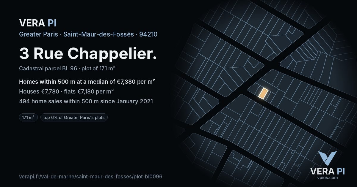 3 Rue Chappelier, Saint-Maur-des-Fossés at night – the plot lit, the parcels around coloured by the prices near them