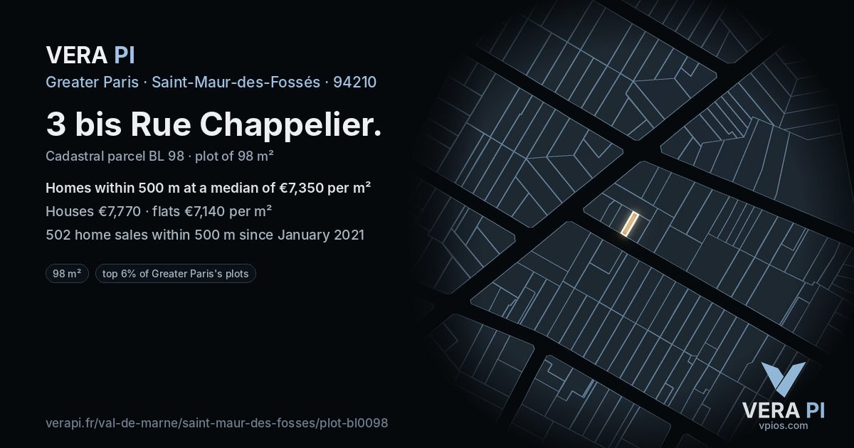 3 bis Rue Chappelier, Saint-Maur-des-Fossés at night – the plot lit, the parcels around coloured by the prices near them
