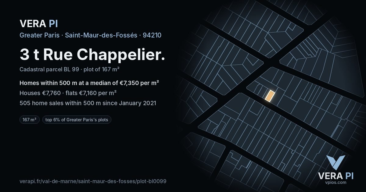 3 t Rue Chappelier, Saint-Maur-des-Fossés at night – the plot lit, the parcels around coloured by the prices near them