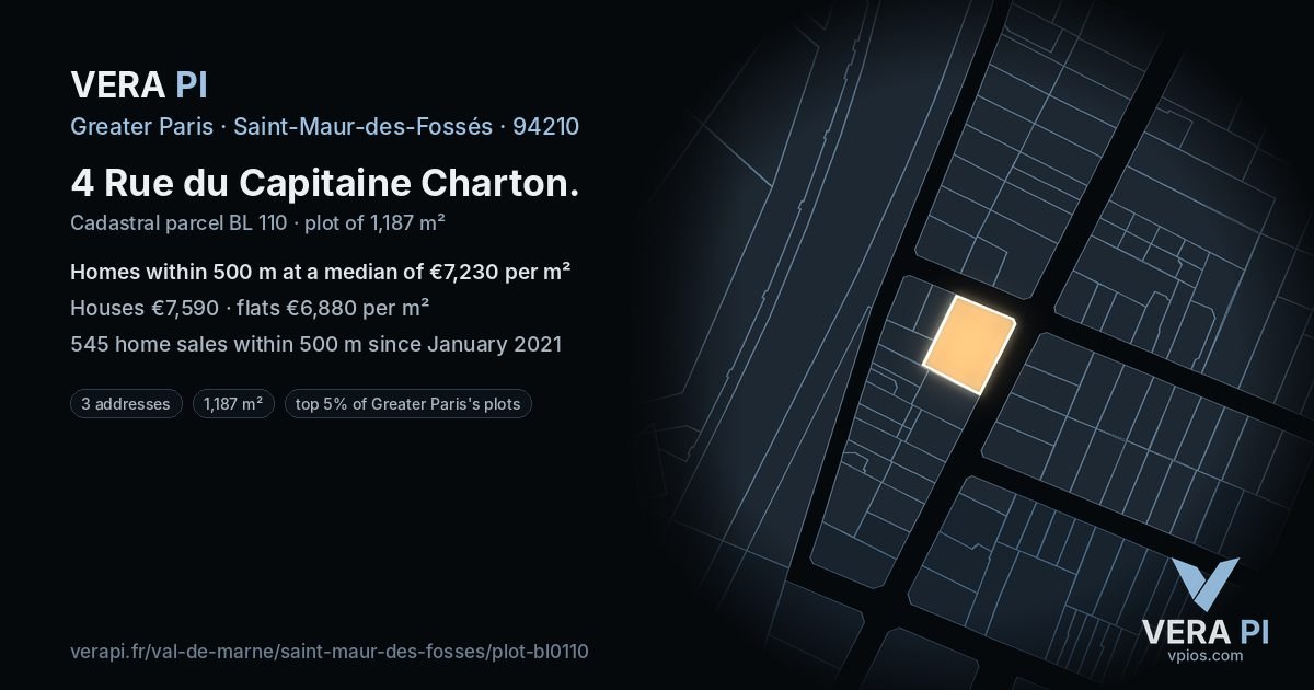 4 Rue du Capitaine Charton, Saint-Maur-des-Fossés at night – the plot lit, the parcels around coloured by the prices near them
