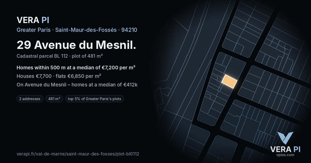 29 Avenue du Mesnil, Saint-Maur-des-Fossés at night – the plot lit, the parcels around coloured by the prices near them