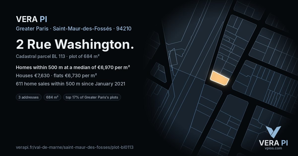 2 Rue Washington, Saint-Maur-des-Fossés at night – the plot lit, the parcels around coloured by the prices near them