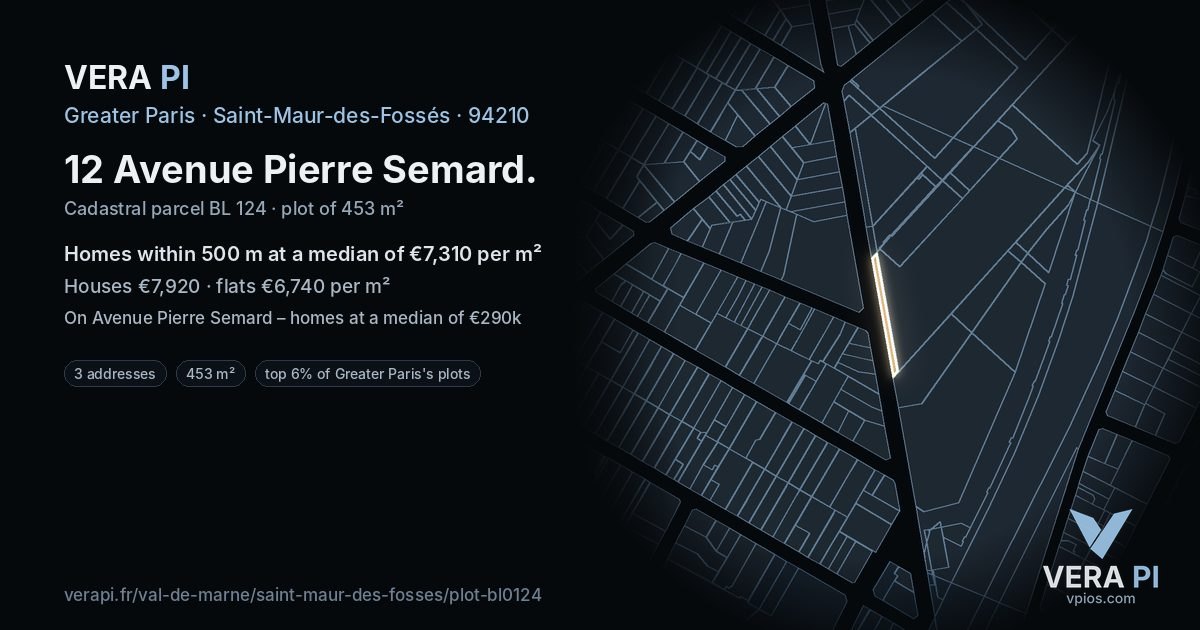 12 Avenue Pierre Semard, Saint-Maur-des-Fossés at night – the plot lit, the parcels around coloured by the prices near them