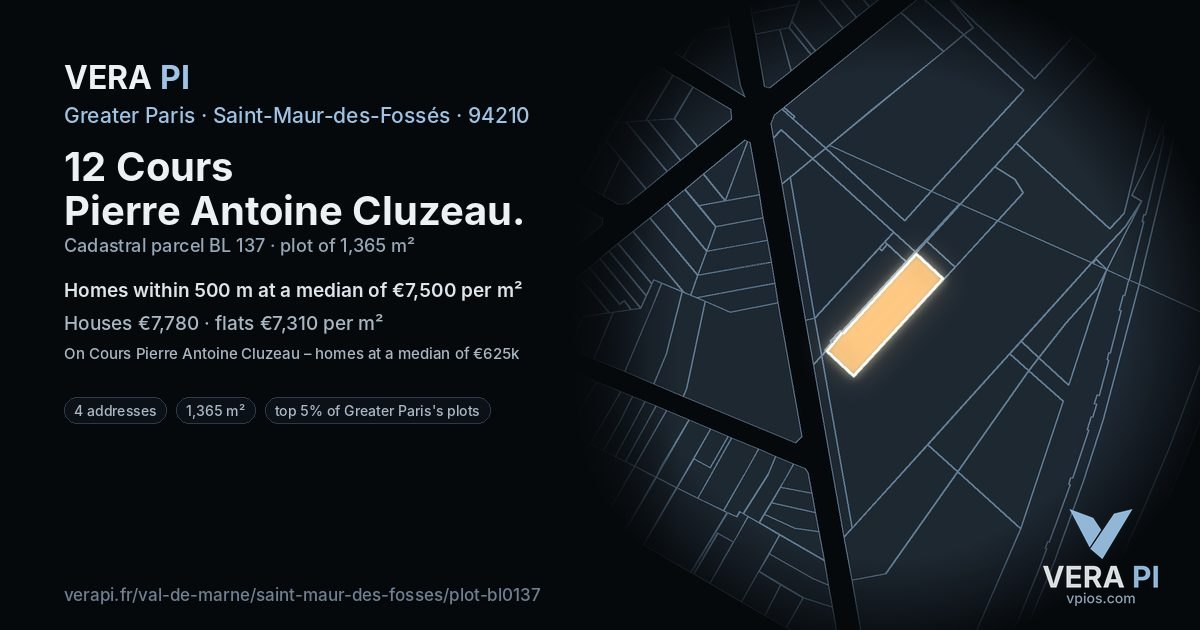12 Cours Pierre Antoine Cluzeau, Saint-Maur-des-Fossés at night – the plot lit, the parcels around coloured by the prices near them