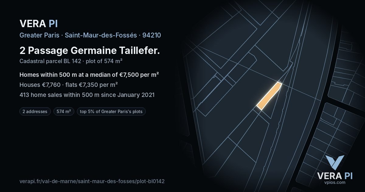 2 Passage Germaine Taillefer, Saint-Maur-des-Fossés at night – the plot lit, the parcels around coloured by the prices near them