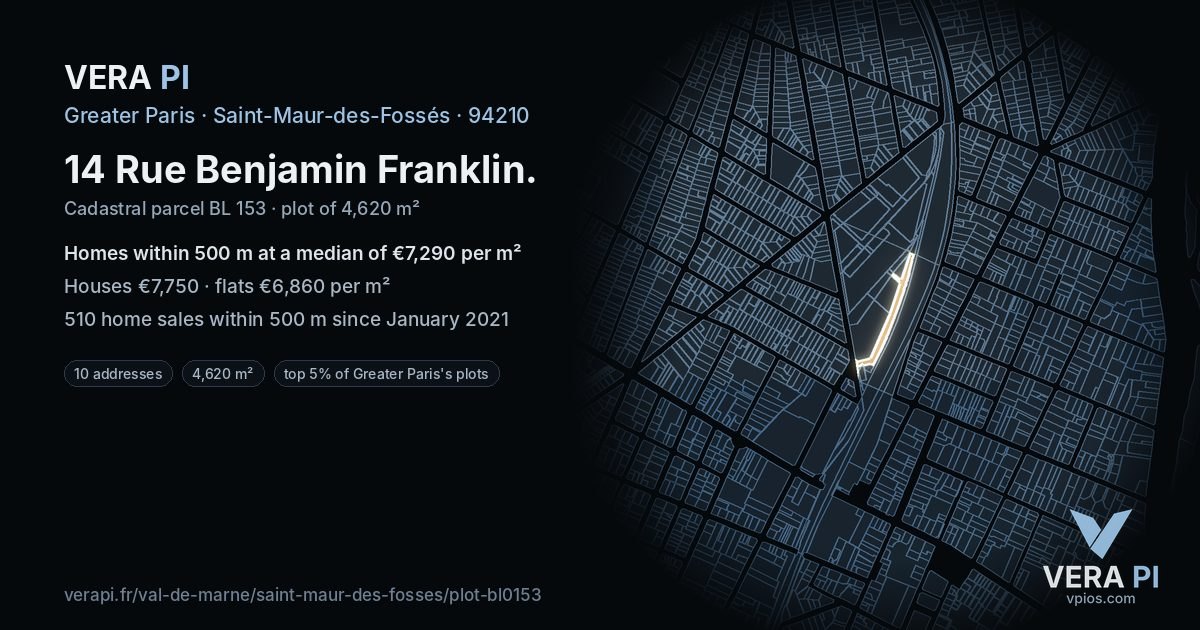 14 Rue Benjamin Franklin, Saint-Maur-des-Fossés at night – the plot lit, the parcels around coloured by the prices near them