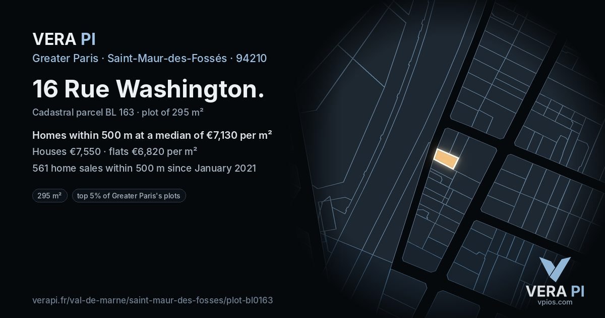 16 Rue Washington, Saint-Maur-des-Fossés at night – the plot lit, the parcels around coloured by the prices near them