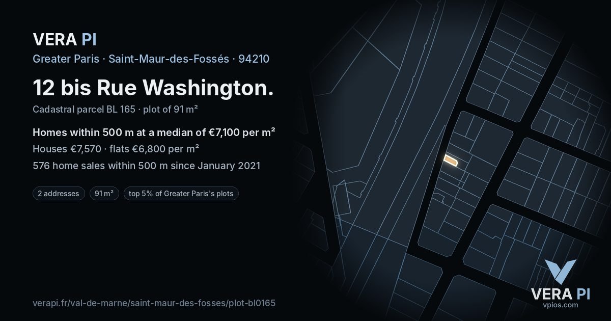 12 bis Rue Washington, Saint-Maur-des-Fossés at night – the plot lit, the parcels around coloured by the prices near them