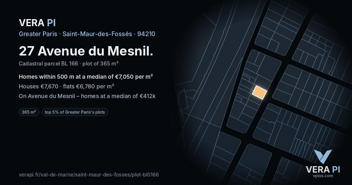 27 Avenue du Mesnil, Saint-Maur-des-Fossés at night – the plot lit, the parcels around coloured by the prices near them