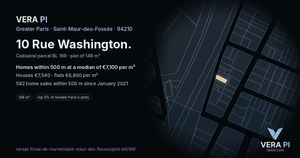 10 Rue Washington, Saint-Maur-des-Fossés at night – the plot lit, the parcels around coloured by the prices near them