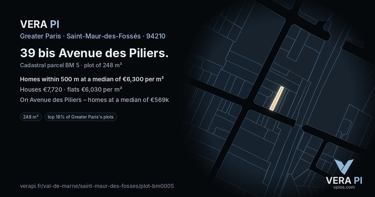 39 bis Avenue des Piliers, Saint-Maur-des-Fossés at night – the plot lit, the parcels around coloured by the prices near them