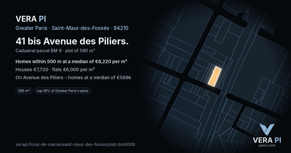 41 bis Avenue des Piliers, Saint-Maur-des-Fossés at night – the plot lit, the parcels around coloured by the prices near them