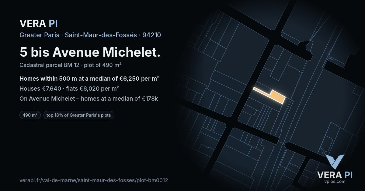 5 bis Avenue Michelet, Saint-Maur-des-Fossés at night – the plot lit, the parcels around coloured by the prices near them