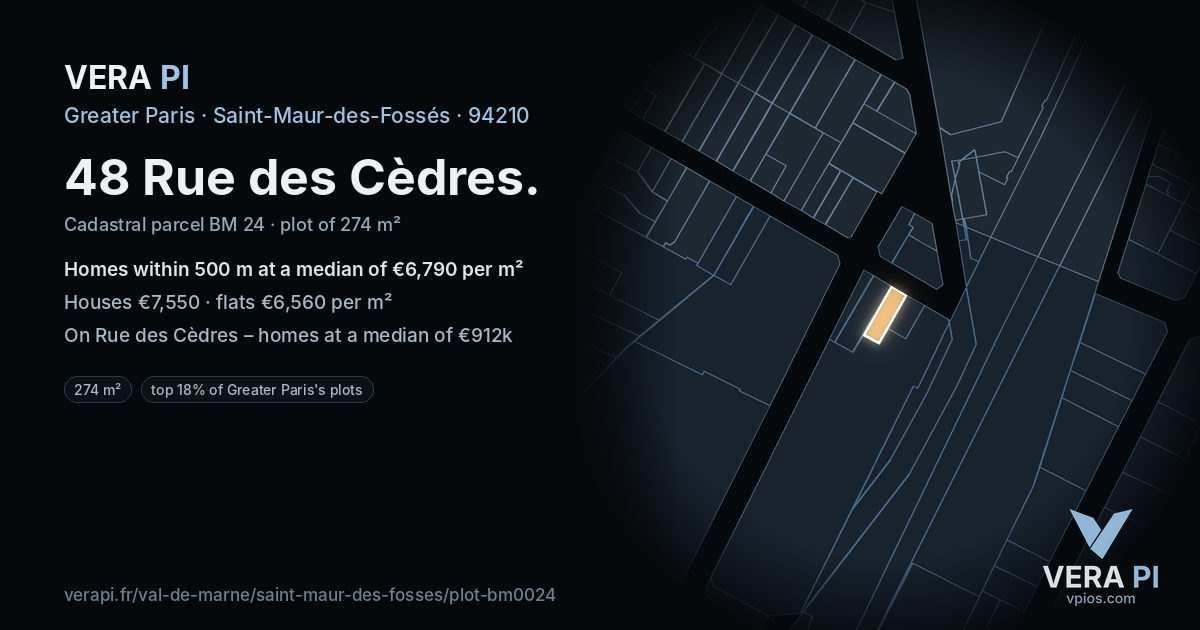 48 Rue des Cèdres, Saint-Maur-des-Fossés at night – the plot lit, the parcels around coloured by the prices near them
