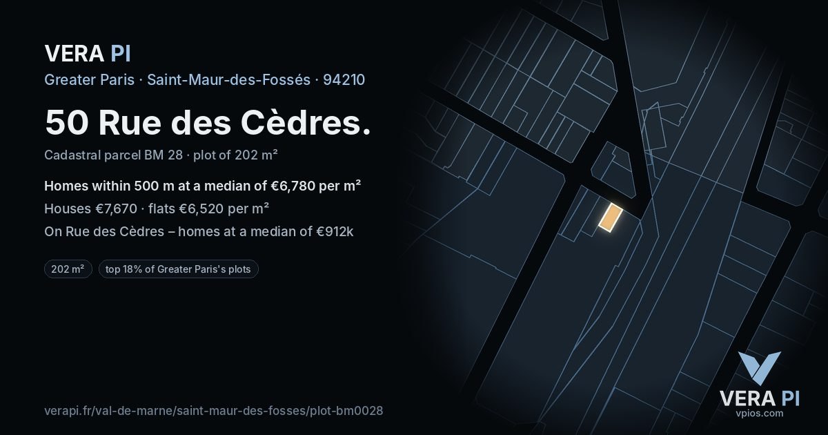 50 Rue des Cèdres, Saint-Maur-des-Fossés at night – the plot lit, the parcels around coloured by the prices near them