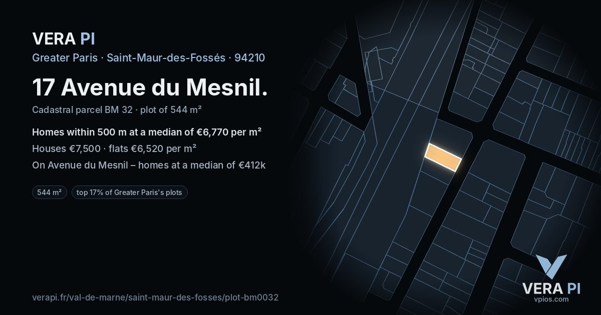 17 Avenue du Mesnil, Saint-Maur-des-Fossés at night – the plot lit, the parcels around coloured by the prices near them