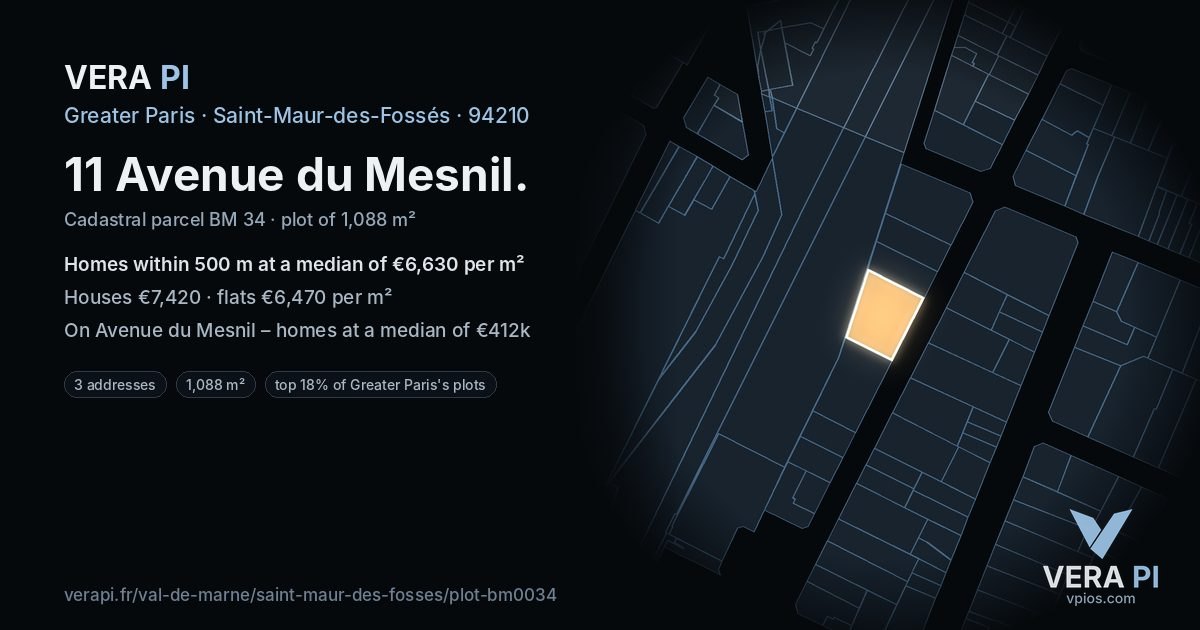 11 Avenue du Mesnil, Saint-Maur-des-Fossés at night – the plot lit, the parcels around coloured by the prices near them