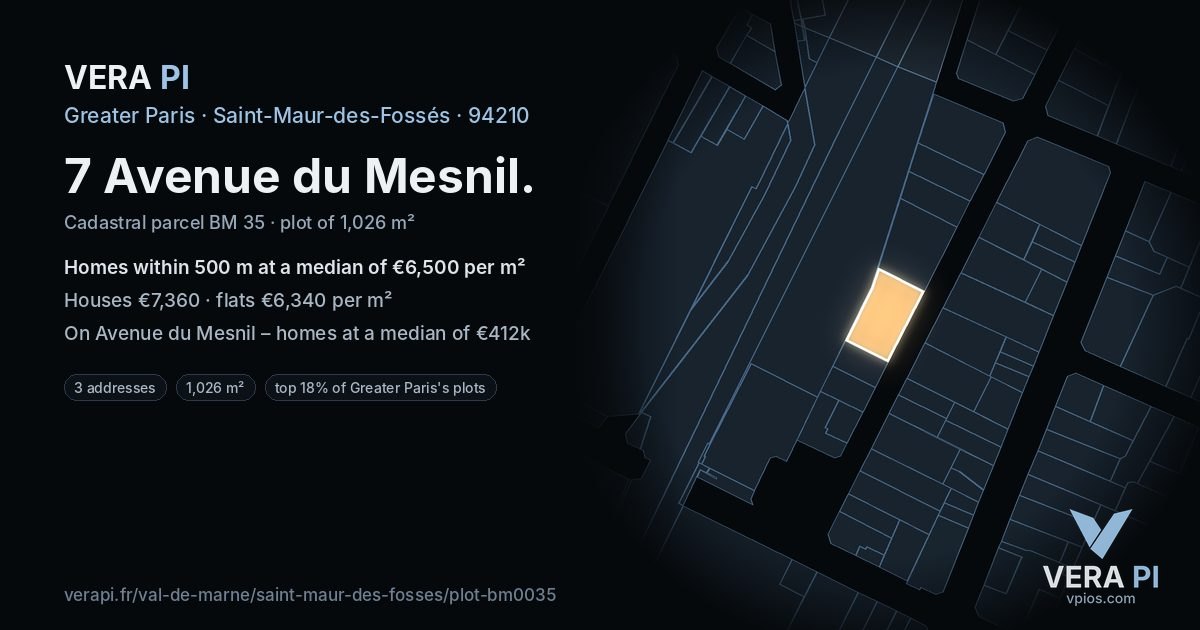 7 Avenue du Mesnil, Saint-Maur-des-Fossés at night – the plot lit, the parcels around coloured by the prices near them