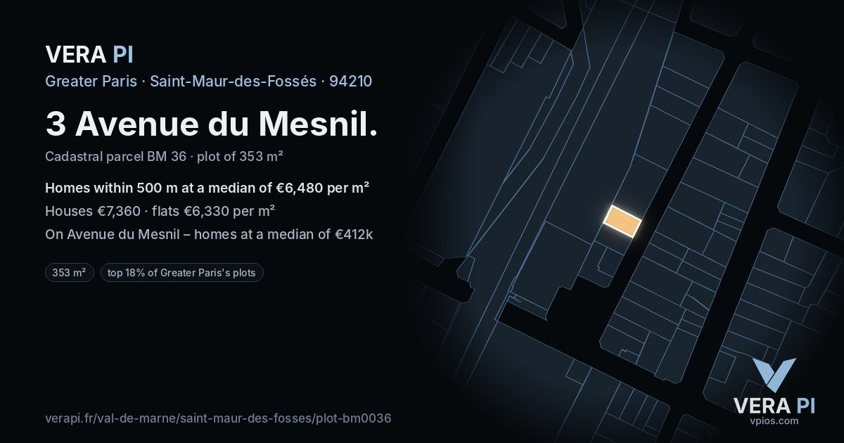 3 Avenue du Mesnil, Saint-Maur-des-Fossés at night – the plot lit, the parcels around coloured by the prices near them