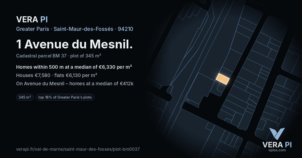 1 Avenue du Mesnil, Saint-Maur-des-Fossés at night – the plot lit, the parcels around coloured by the prices near them