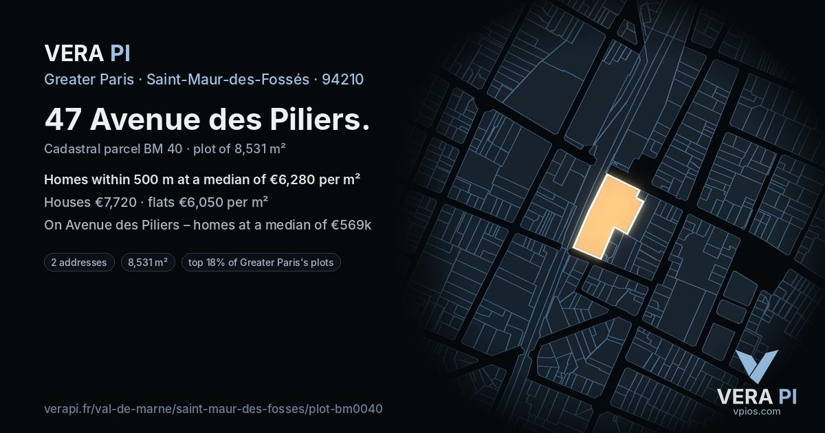 47 Avenue des Piliers, Saint-Maur-des-Fossés at night – the plot lit, the parcels around coloured by the prices near them