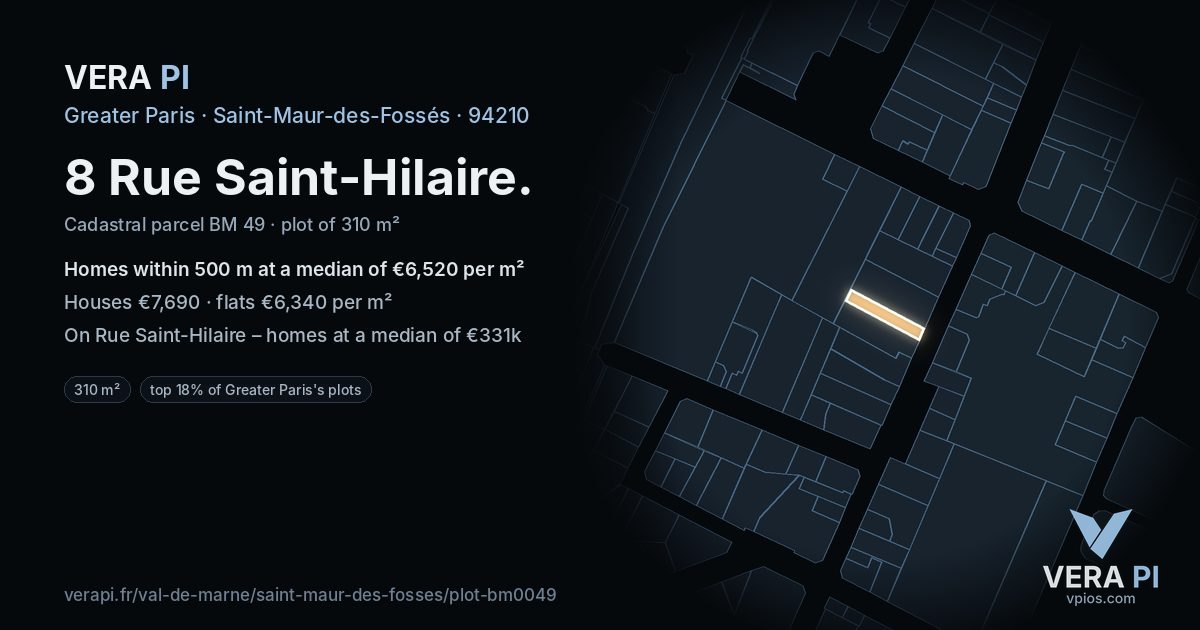 8 Rue Saint-Hilaire, Saint-Maur-des-Fossés at night – the plot lit, the parcels around coloured by the prices near them