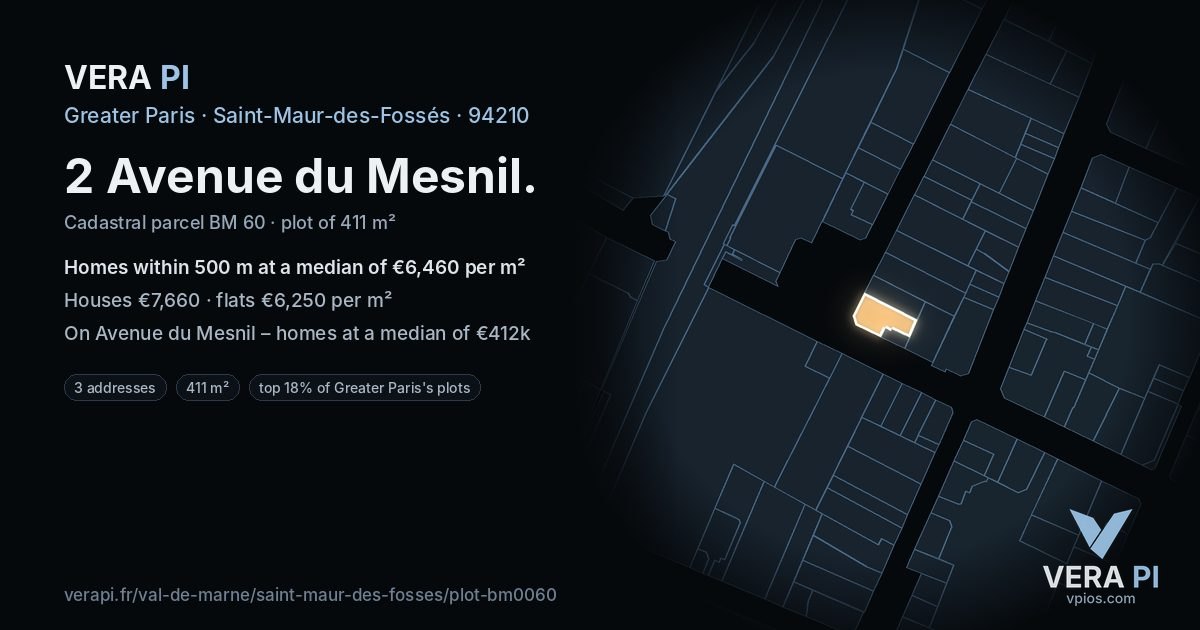 2 Avenue du Mesnil, Saint-Maur-des-Fossés at night – the plot lit, the parcels around coloured by the prices near them