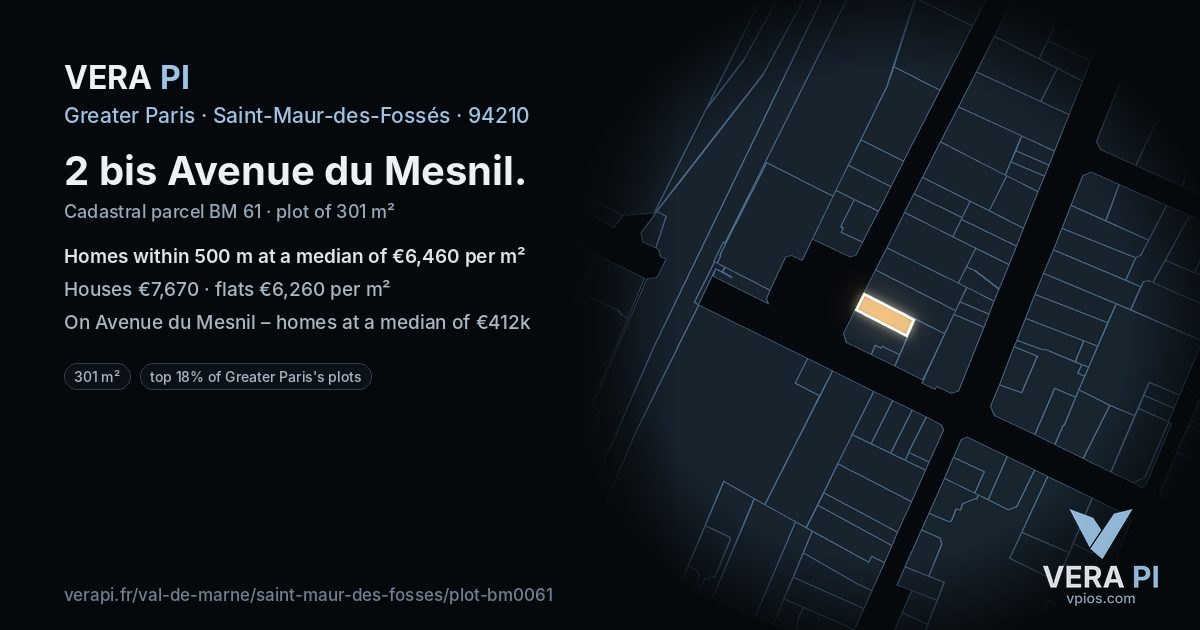 2 bis Avenue du Mesnil, Saint-Maur-des-Fossés at night – the plot lit, the parcels around coloured by the prices near them