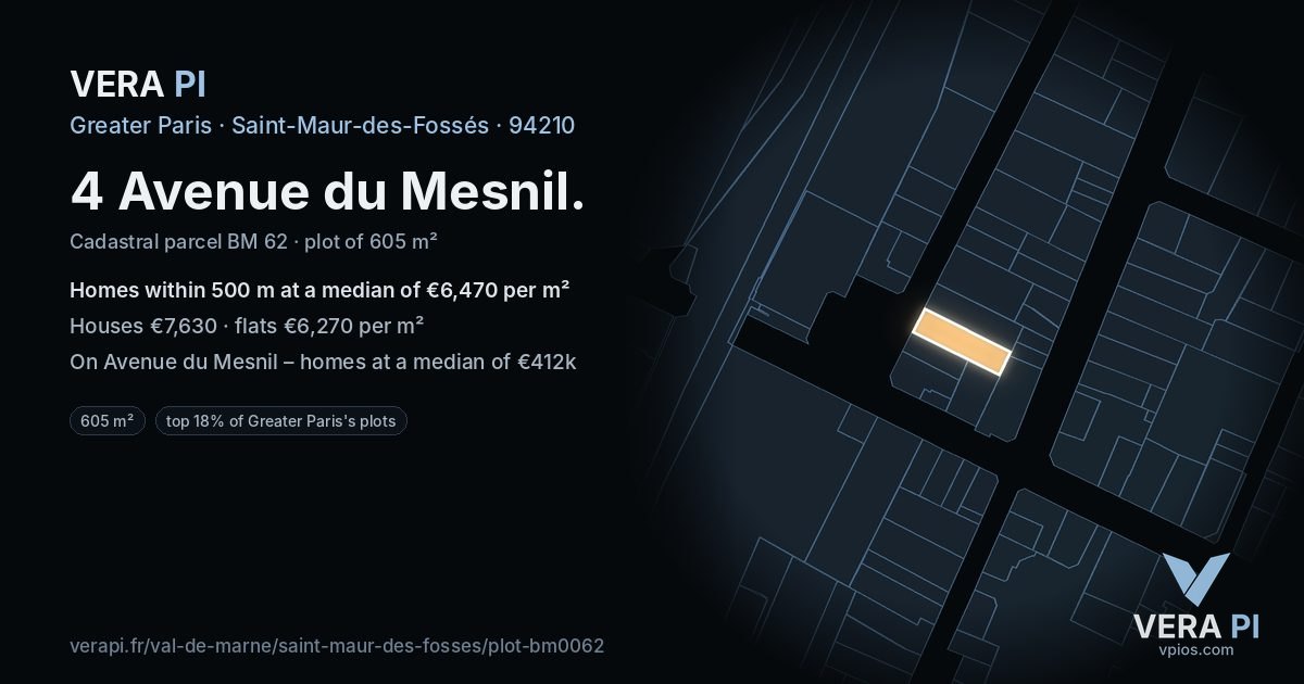 4 Avenue du Mesnil, Saint-Maur-des-Fossés at night – the plot lit, the parcels around coloured by the prices near them