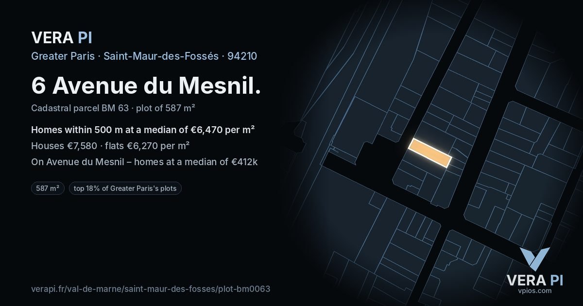 6 Avenue du Mesnil, Saint-Maur-des-Fossés at night – the plot lit, the parcels around coloured by the prices near them