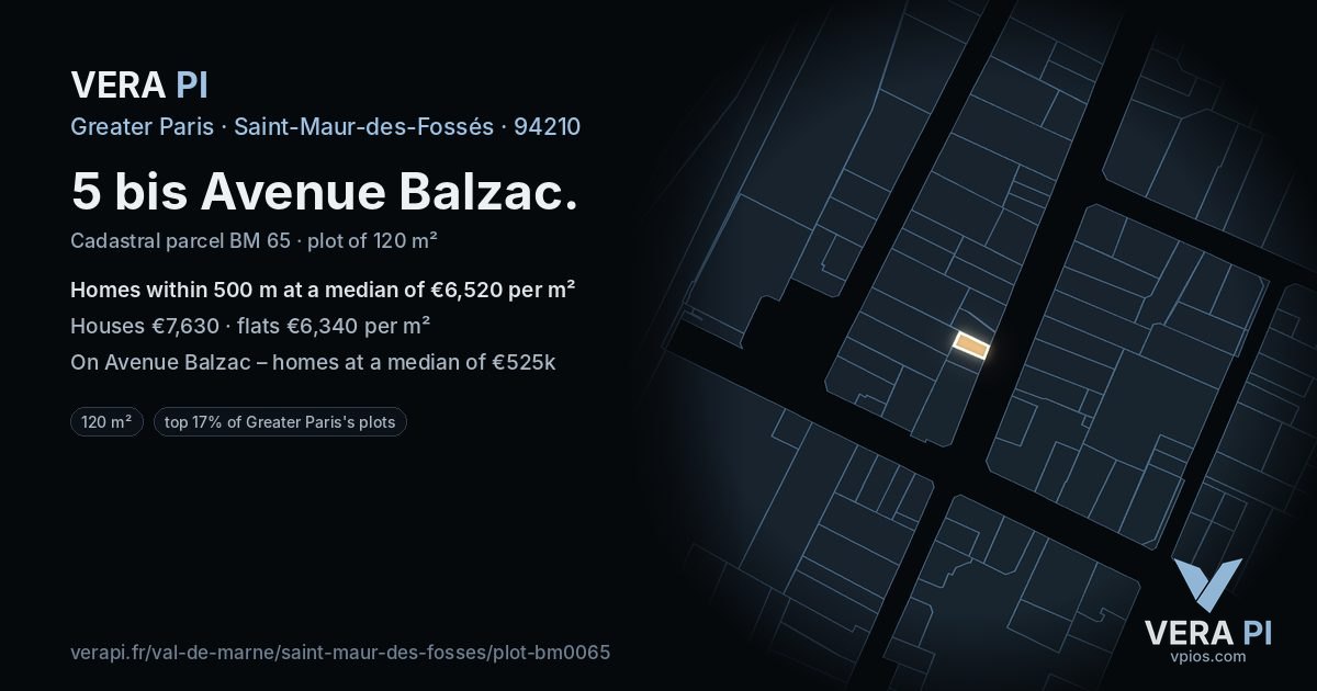 5 bis Avenue Balzac, Saint-Maur-des-Fossés at night – the plot lit, the parcels around coloured by the prices near them