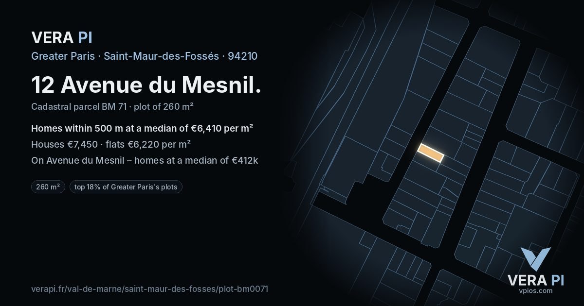 12 Avenue du Mesnil, Saint-Maur-des-Fossés at night – the plot lit, the parcels around coloured by the prices near them
