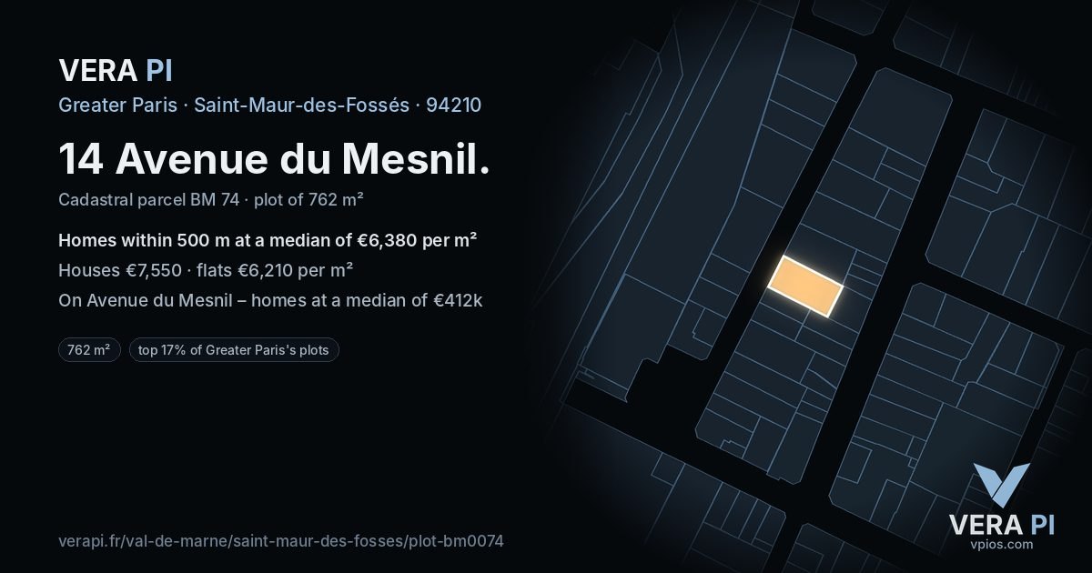 14 Avenue du Mesnil, Saint-Maur-des-Fossés at night – the plot lit, the parcels around coloured by the prices near them