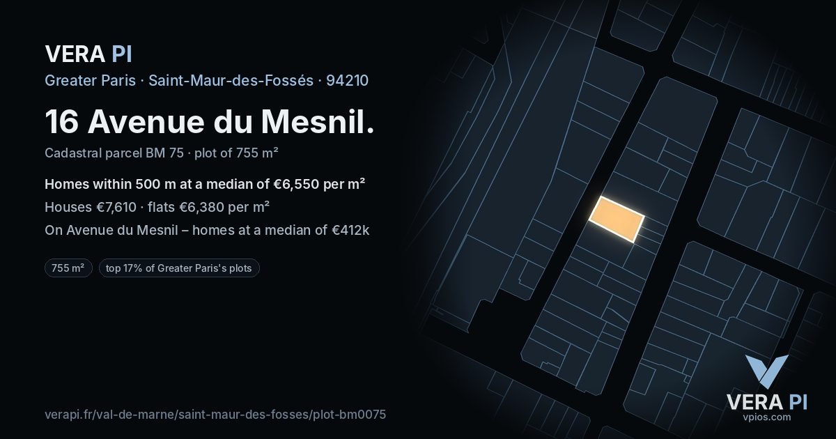 16 Avenue du Mesnil, Saint-Maur-des-Fossés at night – the plot lit, the parcels around coloured by the prices near them