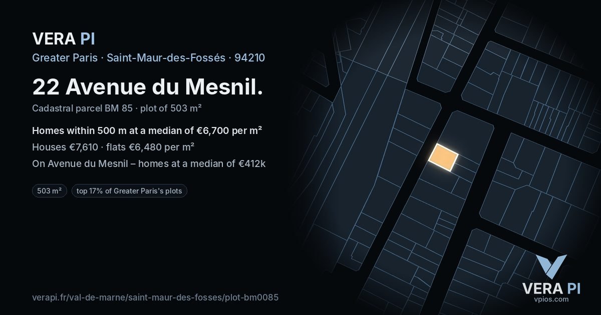 22 Avenue du Mesnil, Saint-Maur-des-Fossés at night – the plot lit, the parcels around coloured by the prices near them