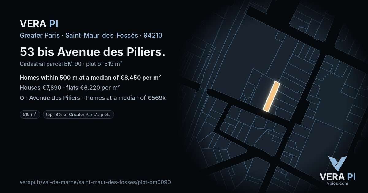 53 bis Avenue des Piliers, Saint-Maur-des-Fossés at night – the plot lit, the parcels around coloured by the prices near them