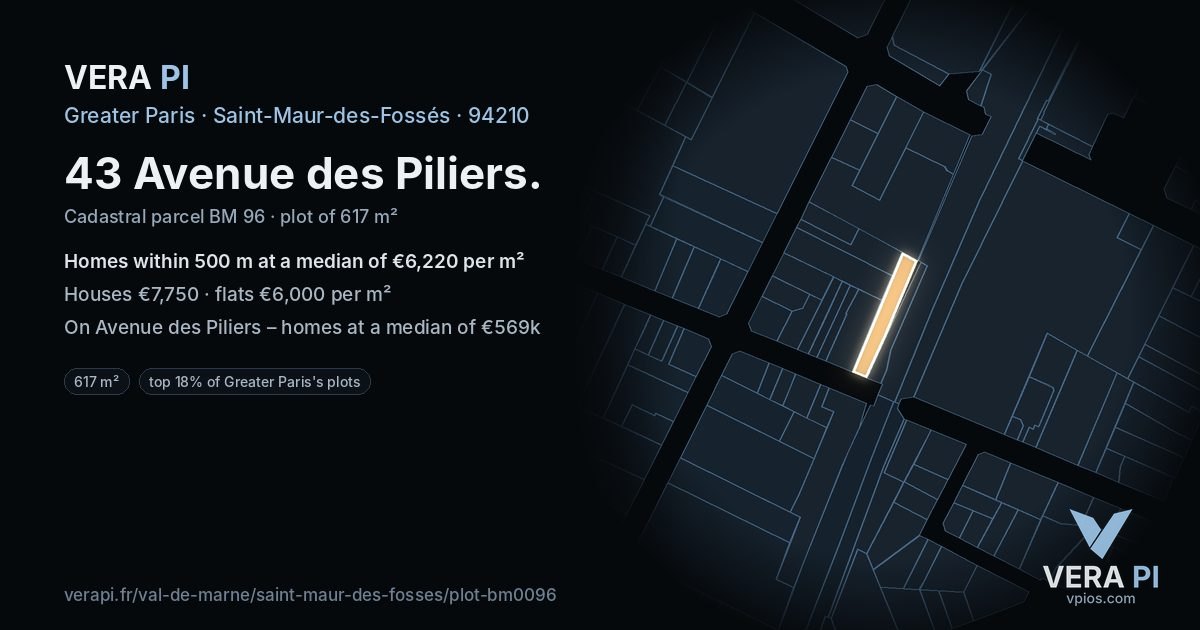 43 Avenue des Piliers, Saint-Maur-des-Fossés at night – the plot lit, the parcels around coloured by the prices near them