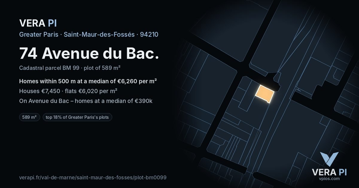 74 Avenue du Bac, Saint-Maur-des-Fossés at night – the plot lit, the parcels around coloured by the prices near them