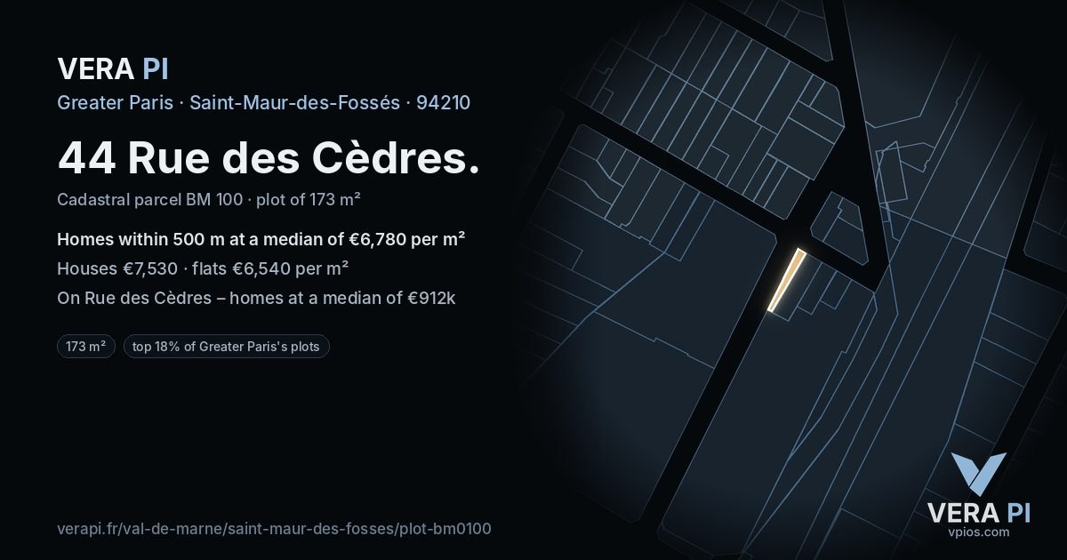 44 Rue des Cèdres, Saint-Maur-des-Fossés at night – the plot lit, the parcels around coloured by the prices near them